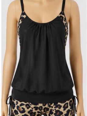 Black Tankini Top with Leopard Trim - Women Swim Bikini